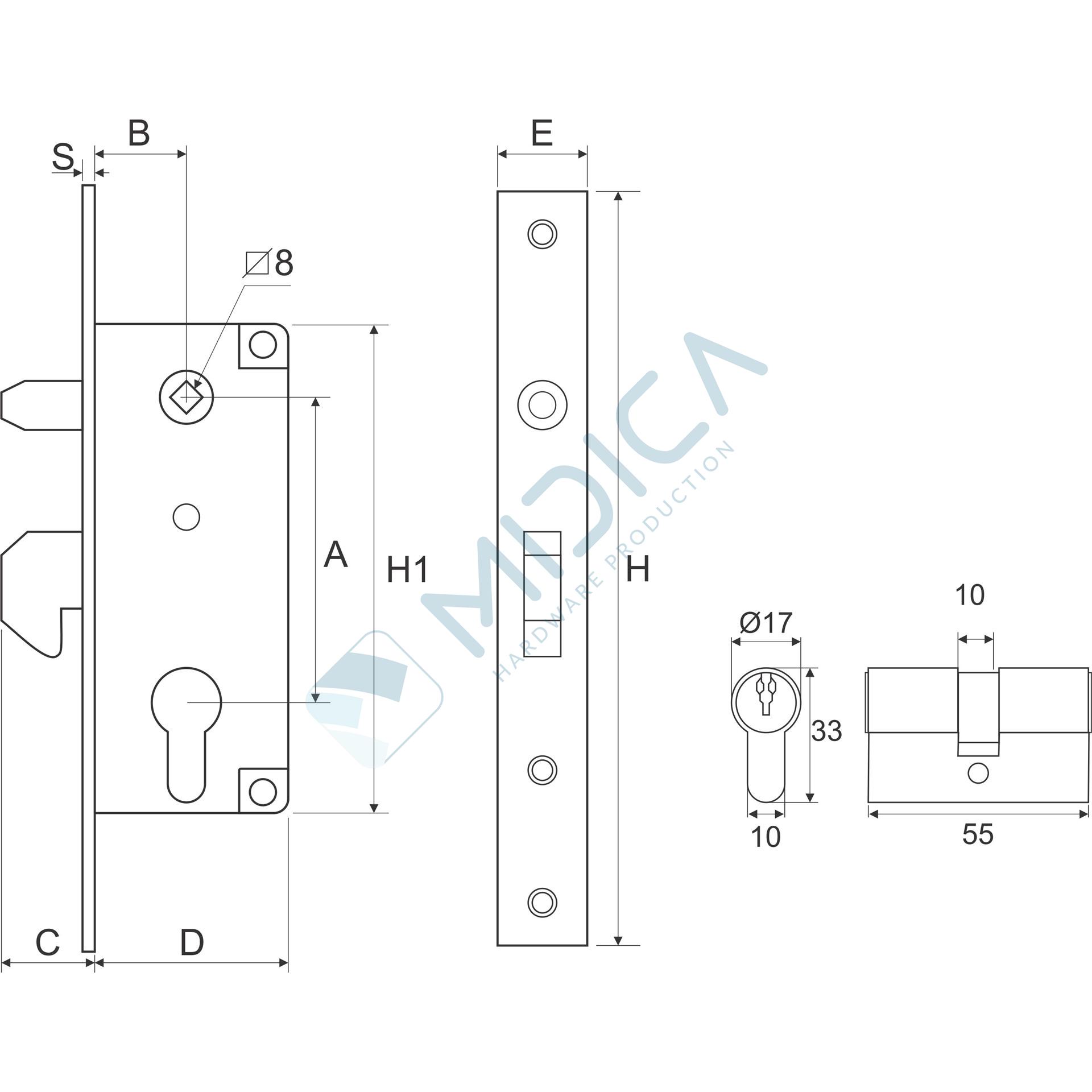 Broască cu cilindru pentru poartă cu profil de min. 60 mm, L=188 mm - imagine 4