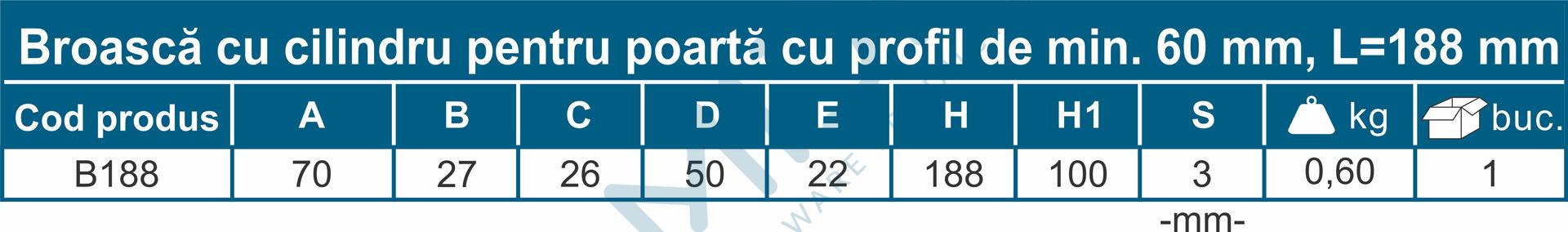 Broască cu cilindru pentru poartă cu profil de min. 60 mm, L=188 mm - imagine 5