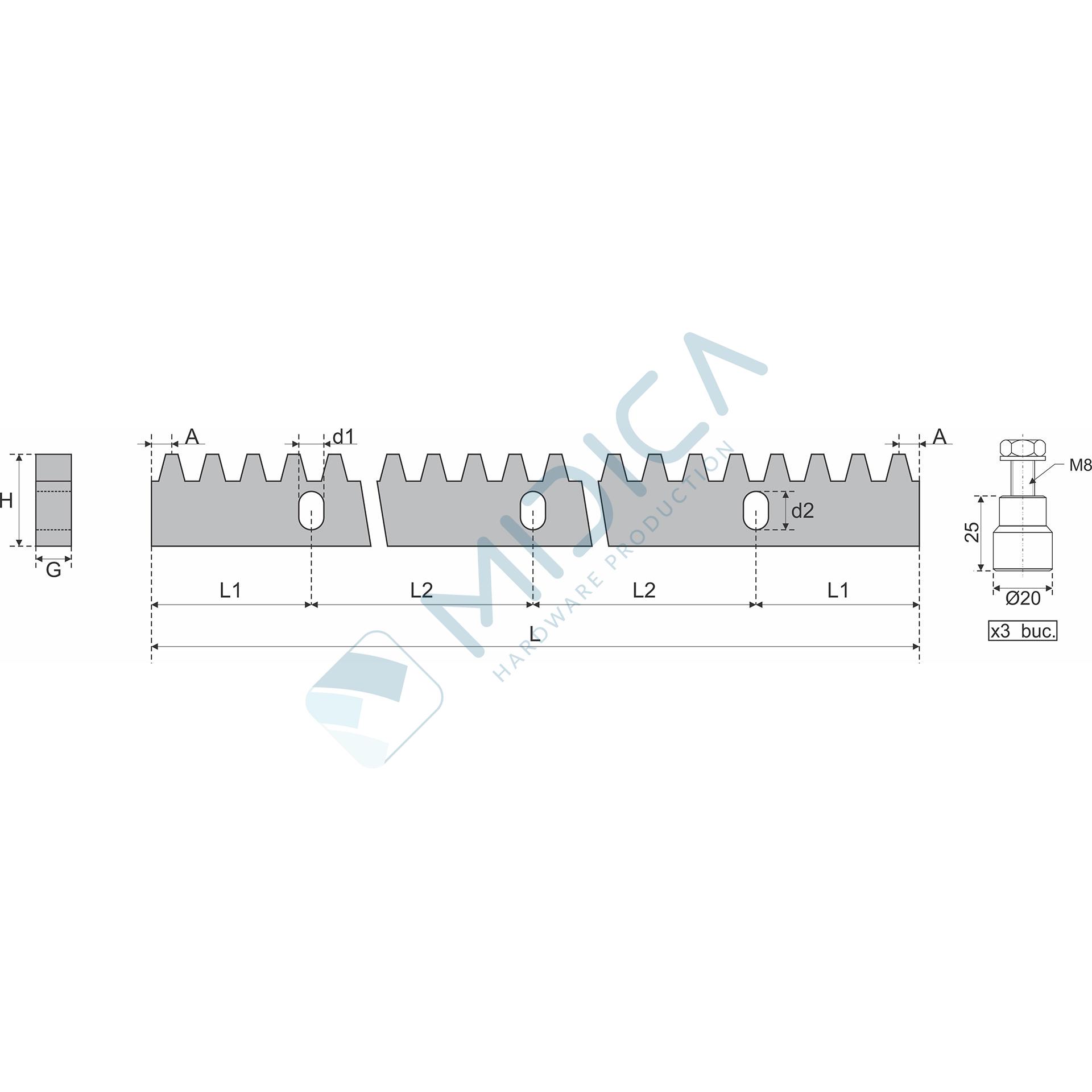 Cremalieră de oțel zincată 30x12x1000 mm, MODUL 4 - imagine 4