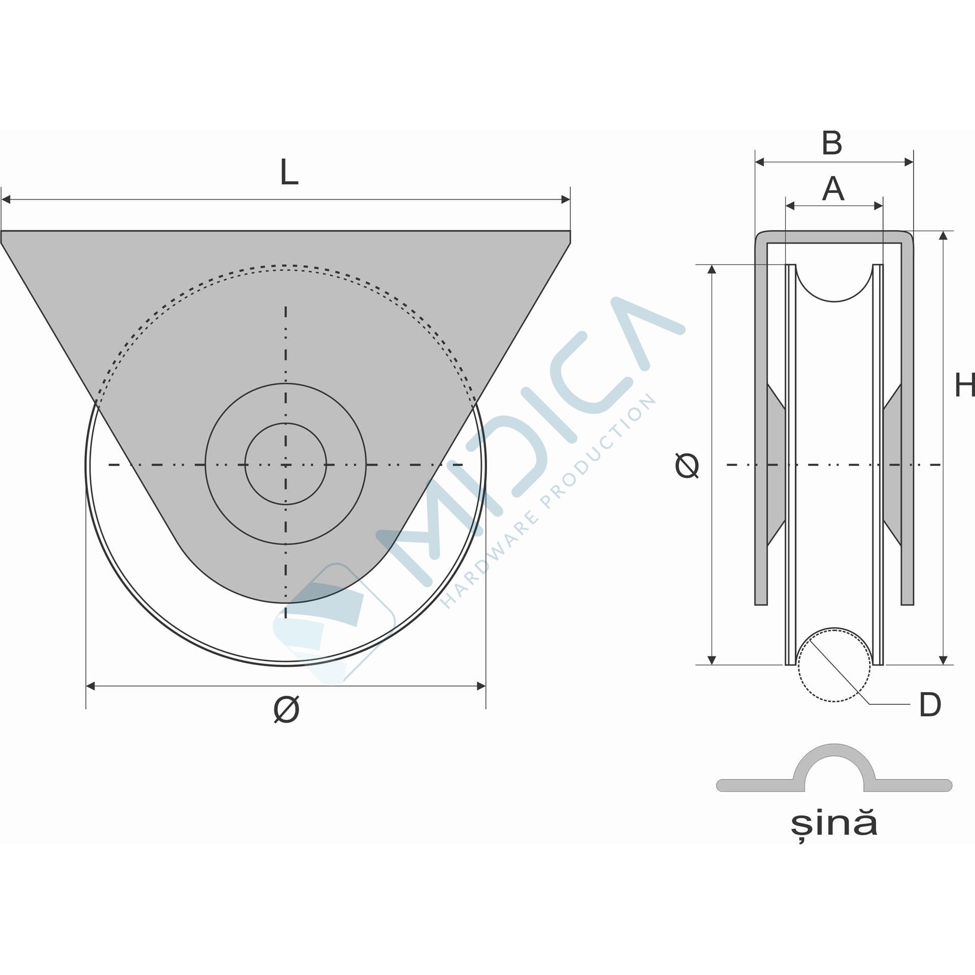 Rolă cu suport exterior profil R, D=20 mm, 1 rulment - imagine 3